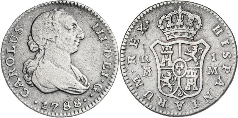 1788. Carlos III. Madrid. M. 1 real. (AC. 407). Único año de este ensayador. Dos...
