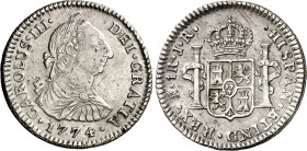 1774. Carlos III. Potosí. JR. 1 real. (AC. 472). Rayitas y golpecitos. Ex Áureo 16/03/1993, nº 2575. 3,27 g. MBC+.