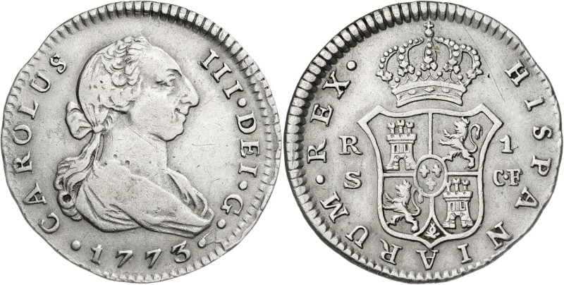 1773. Carlos III. Sevilla. CF. 1 real. (AC. 534). Ex M. Sisó 11/10/1986. 2,90 g....