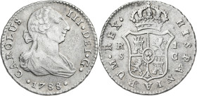 1788. Carlos III. Sevilla. C. 1 real. (AC. 543). Único año de este ensayador. Ex M. Sisó 25/04/1986. 2,97 g. MBC.