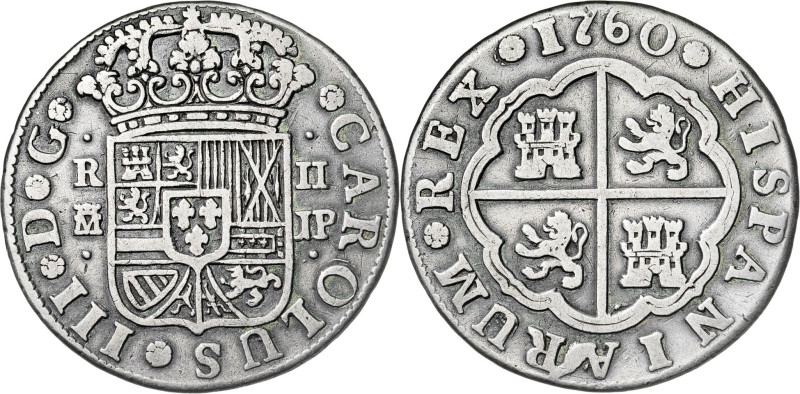 1760. Carlos III. Madrid. JP. 2 reales. (AC. 608). 5,60 g. MBC-.