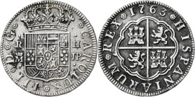 1763. Carlos III. Madrid. JP. 2 reales. (AC. 611). Oxidaciones. 5,58 g. (MBC).
