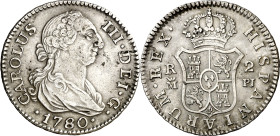 1780. Carlos III. Madrid. PJ. 2 reales. (AC. 629). Leves marquitas. Ex Áureo 27/06/1990, nº 865. 5,83 g. MBC+.