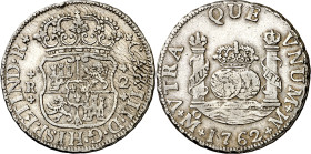 1762. Carlos III. México. M. 2 reales. (AC. 645). Columnario. Pequeña zona de plata agria. Ex M. Sisó 13/06/1987. Escasa así. 6,49 g. MBC+.