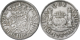 1767. Carlos III. México. M. 2 reales. (AC. 651). Columnario. Leves golpecitos. Buen ejemplar. Ex Áureo 27/06/1990, nº 871. 6,78 g. MBC+.