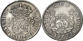 1767. Carlos III. Potosí. JR. 2 reales. (AC. 706). Columnario. Golpecito. Plata algo agria. Escasa y más así. 6,61 g. MBC+.
