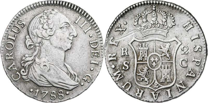 1788. Carlos III. Sevilla. C. 2 reales. (AC. 790). Único año de este ensayador. ...