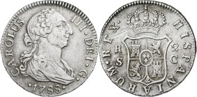 1788. Carlos III. Sevilla. C. 2 reales. (AC. 790). Único año de este ensayador. Raya en reverso. Ex M. Sisó 04/06/1988. 5,72 g. MBC.