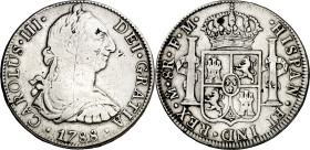 1788. Carlos III. México. FM. 8 reales. (AC. 1132). Resellos orientales. Limpiada. 26,63 g. BC+/MBC-.