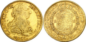 1786. Carlos III. México. FM. 8 escudos. (AC. 2021) (Cal.Onza 785). Ceca y ensayadores invertidos. Acuñación floja. Bonito color. Escasa. 26,96 g. MBC...