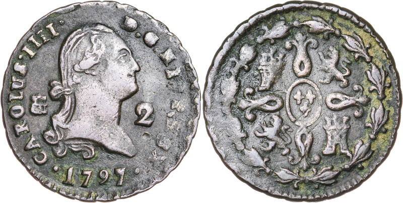 1797. Carlos IV. Segovia. 2 maravedís. (AC. 32). 2,48 g. MBC/MBC-.