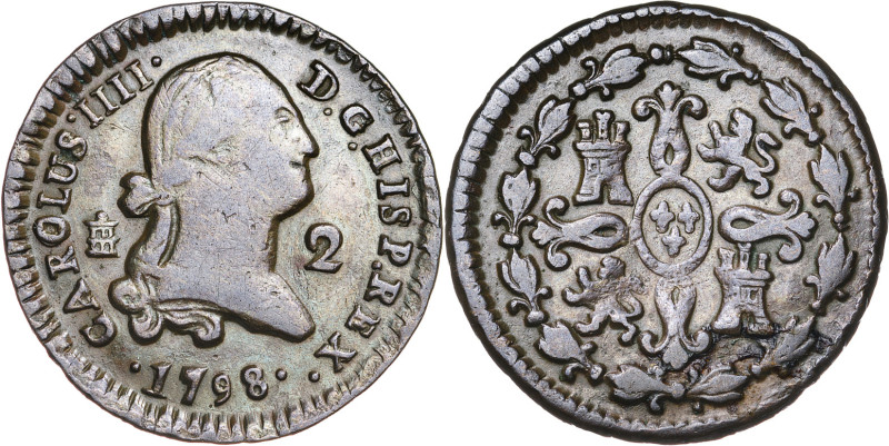 1798. Carlos IV. Segovia. 2 maravedís. (AC. 33). Ex M. Sisó 13/06/1987. Escasa. ...