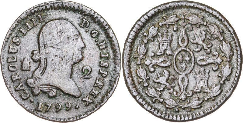 1799. Carlos IV. Segovia. 2 maravedís. (AC. 34). Ex Áureo 16/03/1993, nº 2633. E...