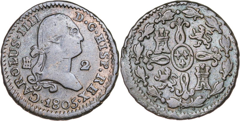 1805. Carlos IV. Segovia. 2 maravedís. (AC. 39). Hojita. 2,58 g. MBC-/MBC.