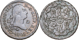 1805. Carlos IV. Segovia. 2 maravedís. (AC. 39). Hojita. 2,58 g. MBC-/MBC.
