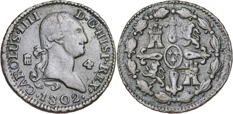 1802. Carlos IV. Segovia. 4 maravedís. (AC. 56). 5,35 g. MBC.