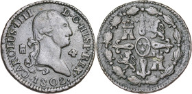 1802. Carlos IV. Segovia. 4 maravedís. (AC. 56). 5,35 g. MBC.