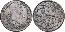 1807. Carlos IV. Segovia. 4 maravedís. (AC. 61). Buen ejemplar. Ex Áureo 16/03/1993, nº 2643. 5,53 g. MBC/MBC+.