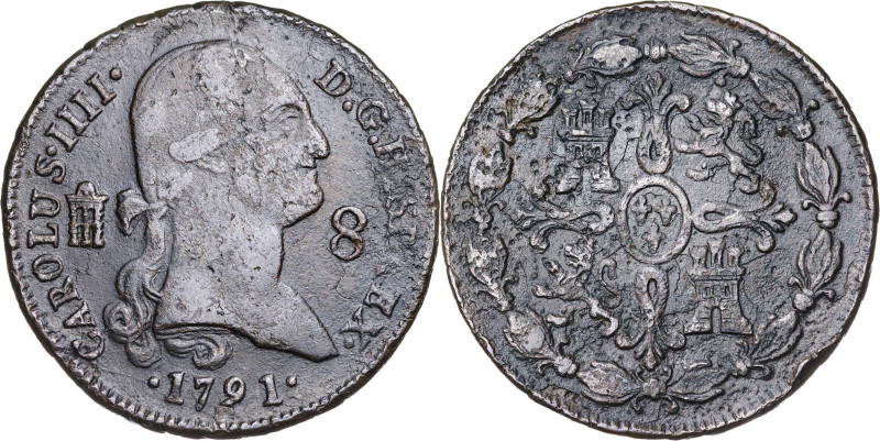 1791. Carlos IV. Segovia. 8 maravedís. (AC. 67). Ex Áureo 16/03/1993, nº 535. Es...