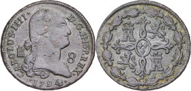 1794/0. Carlos IV. Segovia. 8 maravedís. (AC. falta) (AC.pdf. 69.1). Ex Áureo 16/03/1993, nº 536. Rara rectificación de fecha. 11,60 g. MBC-/MBC.