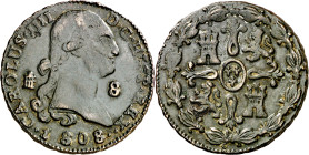 1808. Carlos IV. Segovia. 8 maravedís. (AC. 86). Leves marquitas. Atractiva. Escasa así. 11,60 g. MBC+.
