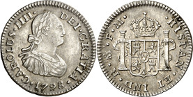 1798. Carlos IV. México. FM. 1/2 real. (AC. 282). Rayita. Ex Áureo 28/05/1990, nº 755. 1,70 g. EBC-.
