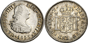 1803. Carlos IV. México. FT. 1/2 real. (AC. 289). Parte de brillo original. 1,68 g. EBC/EBC+.