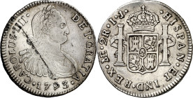 1793. Carlos IV. Lima. IJ. 2 reales. (AC. 575). Segundo busto propio.Impurezas. Escasa. 6,71 g. MBC.