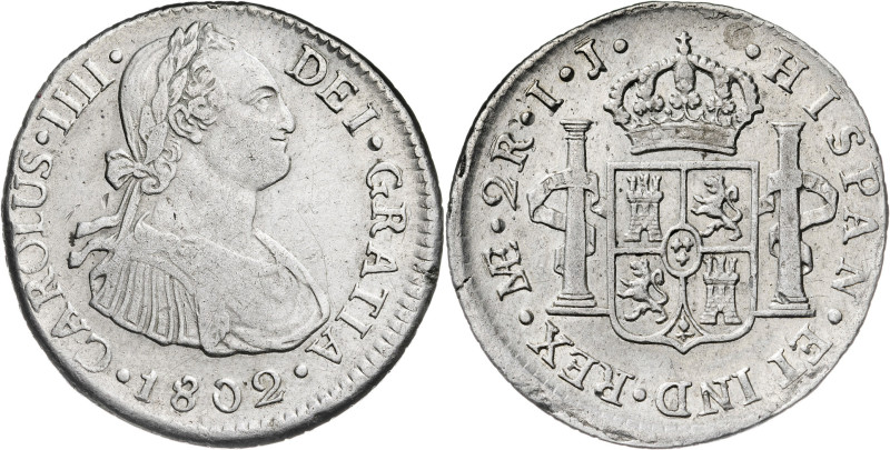 1802. Carlos IV. Lima. IJ. 2 reales. (AC. 585). Leves rayitas. 6,75 g. MBC/MBC+.
