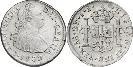 1802. Carlos IV. Lima. IJ. 2 reales. (AC. 585). Leves rayitas. 6,75 g. MBC/MBC+.