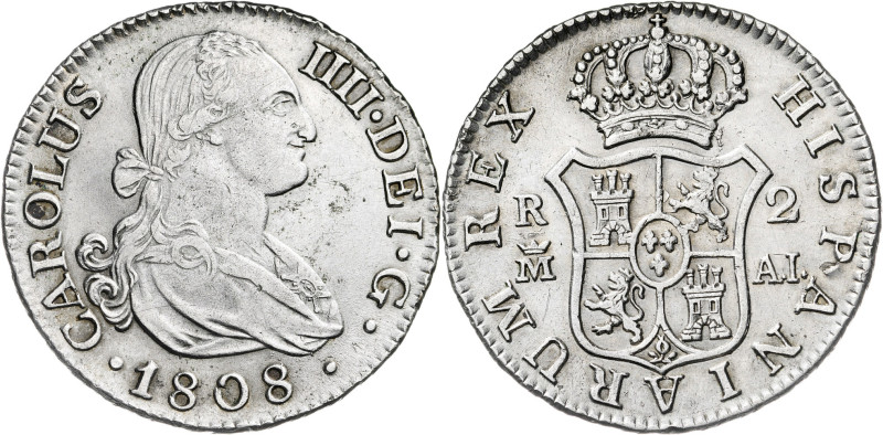 1808. Carlos IV. Madrid. AI. 2 reales. (AC. 619). Sin punto entre HISPANIARUM RE...