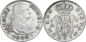 1808. Carlos IV. Madrid. AI. 2 reales. (AC. 619). Sin punto entre HISPANIARUM REX. Golpecito. Buen ejemplar. 5,87 g. MBC+.