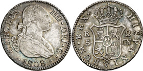 1808. Carlos IV. Sevilla. CN. 2 reales. (AC. 728). Atractiva. Pátina. Ex Áureo 17/04/2002, nº 827. 5,89 g. MBC+.