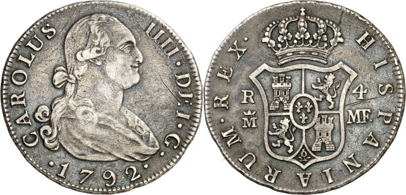 1792. Carlos IV. Madrid. MF. 4 reales. (AC. 778). Rayita. Pátina. 13,22 g. MBC.