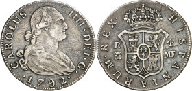 1792. Carlos IV. Madrid. MF. 4 reales. (AC. 778). Rayita. Pátina. 13,22 g. MBC.