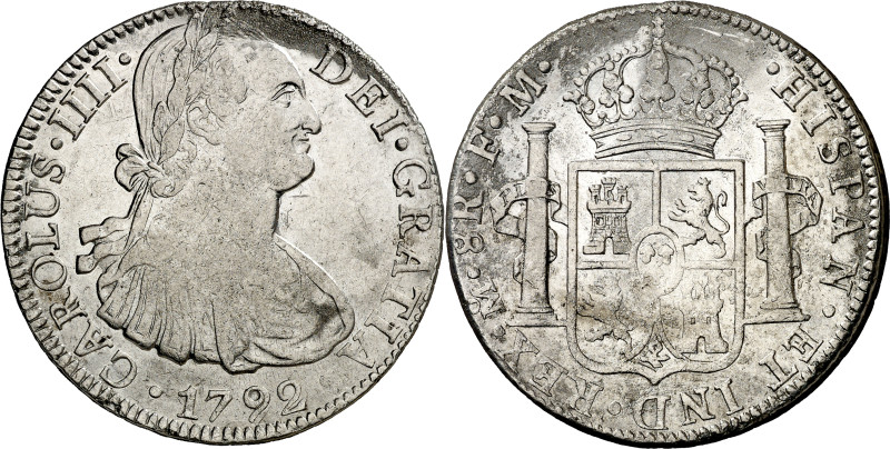 1792. Carlos IV. México. FM. 8 reales. (AC. 954). Plata agria en pequeñas zonas....