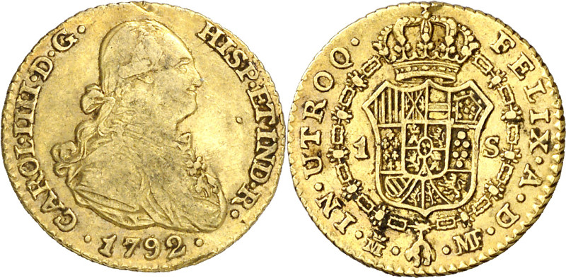 1792. Carlos IV. Madrid. MF. 1 escudo. (AC. 1109). Alabeada. 3,40 g. MBC-.