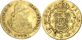 1792. Carlos IV. Madrid. MF. 1 escudo. (AC. 1109). Alabeada. 3,40 g. MBC-.