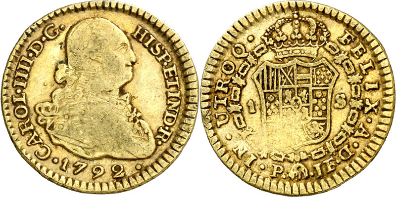 1792. Carlos IV. Popayán. JF. 1 escudo. (AC. 1147) (Restrepo 85-2). Primer año d...