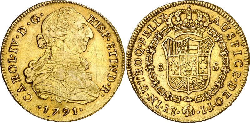 1791. Carlos IV. Lima. IJ. 8 escudos. (AC. 1590) (Cal.Onza 981). Busto de Carlos...