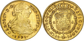 1791. Carlos IV. Lima. IJ. 8 escudos. (AC. 1590) (Cal.Onza 981). Busto de Carlos III. Ordinal IV. Rayitas. Bonito color. 26,81 g. MBC+.