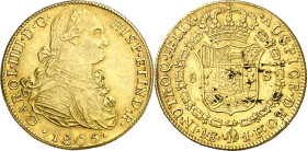 1805. Carlos IV. Lima. JP. 8 escudos. (AC. 1611) (Cal.Onza 1004). Hojitas en reverso. Precioso color. 26,93 g. MBC+.