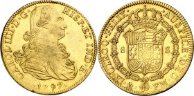 1797. Carlos IV. México. FM. 8 escudos. (AC. 1637) (Cal.Onza 1028). Golpecitos. Bonito color. 26,96 g. MBC+/EBC-.