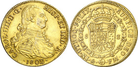 1802. Carlos IV. México. FM. 8 escudos. (Cal.Onza falta). Falsa de época en platino. Conserva el baño de oro original. Muy rara. 26,97 g. EBC.