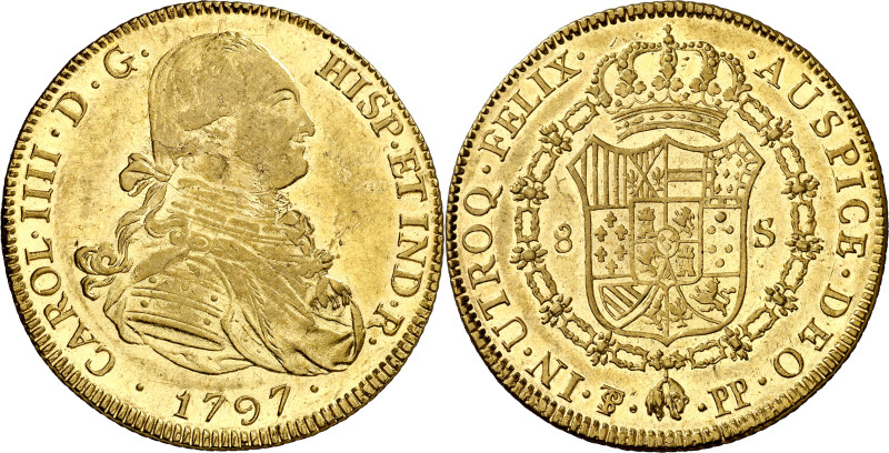 1797. Carlos IV. Potosí. PP. 8 escudos. (AC. 1703) (Cal.Onza 1096). Leves golpec...