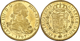 1797. Carlos IV. Potosí. PP. 8 escudos. (AC. 1703) (Cal.Onza 1096). Leves golpecitos y hojitas. Atractiva. Parte de brillo original. Escasa. 26,94 g. ...