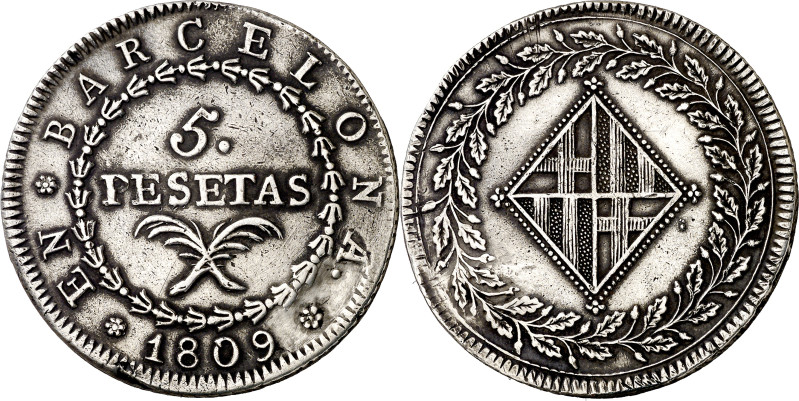 1809. Catalunya Napoleónica. Barcelona. 5 pesetas. (AC. 45). Rayitas. Agujero ta...
