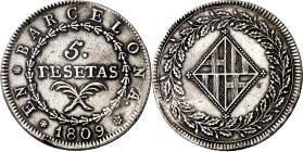 1809. Catalunya Napoleónica. Barcelona. 5 pesetas. (AC. 45). Rayitas. Agujero tapado. Escasa. 26,92 g. (MBC-).