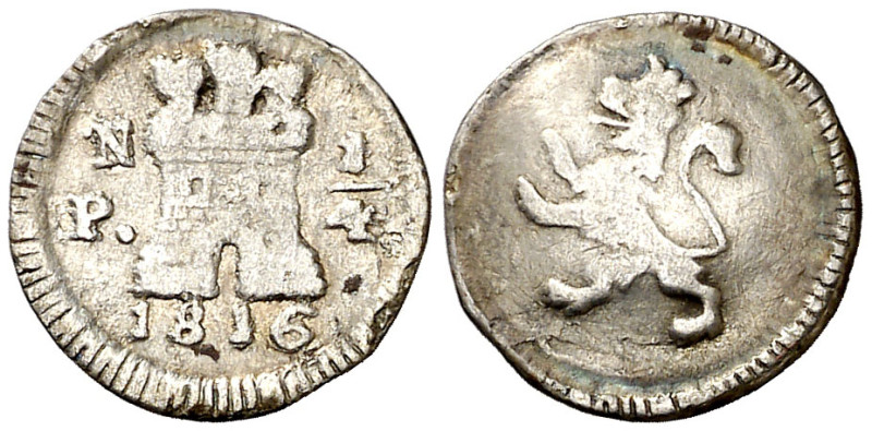 1816. Fernando VII. Popayán. 1/4 de real. (AC. 283) (Restrepo 101-1). Golpecitos...