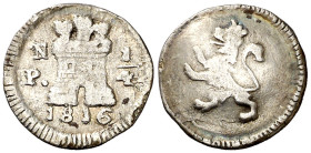 1816. Fernando VII. Popayán. 1/4 de real. (AC. 283) (Restrepo 101-1). Golpecitos. Algo alabeada. Escasa. 0,64 g. MBC-/BC+.